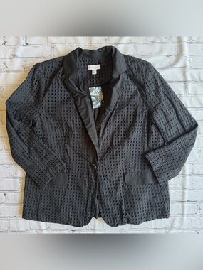 Susan Graver Pure Black Eyelet One Button Blazer New Medium Cotton Feminine